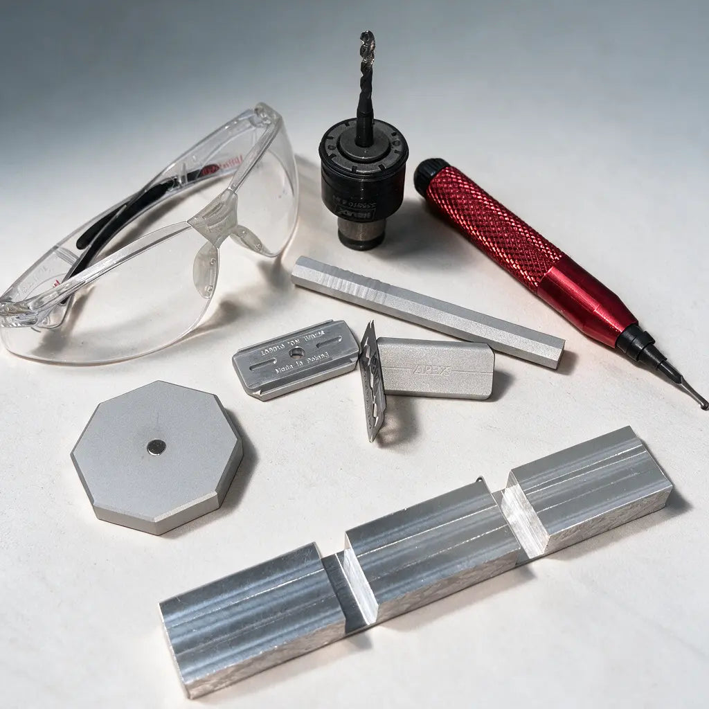 Aluminiumsp\u00e4ne an der CNC-Fr\u00e4se, Rohblock daneben